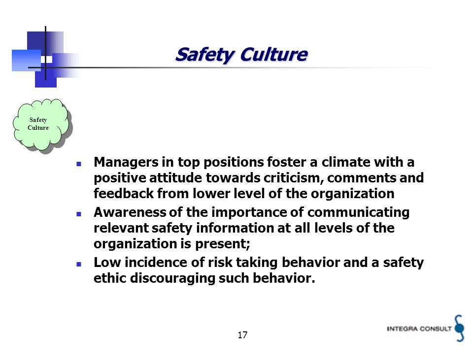 17 Safety Culture Managers in top positions foster a climate with a positive attitude towards criticism, comments and feedback from lower level of the organization Awareness of the importance of communicating relevant safety information at all levels of the organization is present; Low incidence of risk taking behavior and a safety ethic discouraging such behavior.