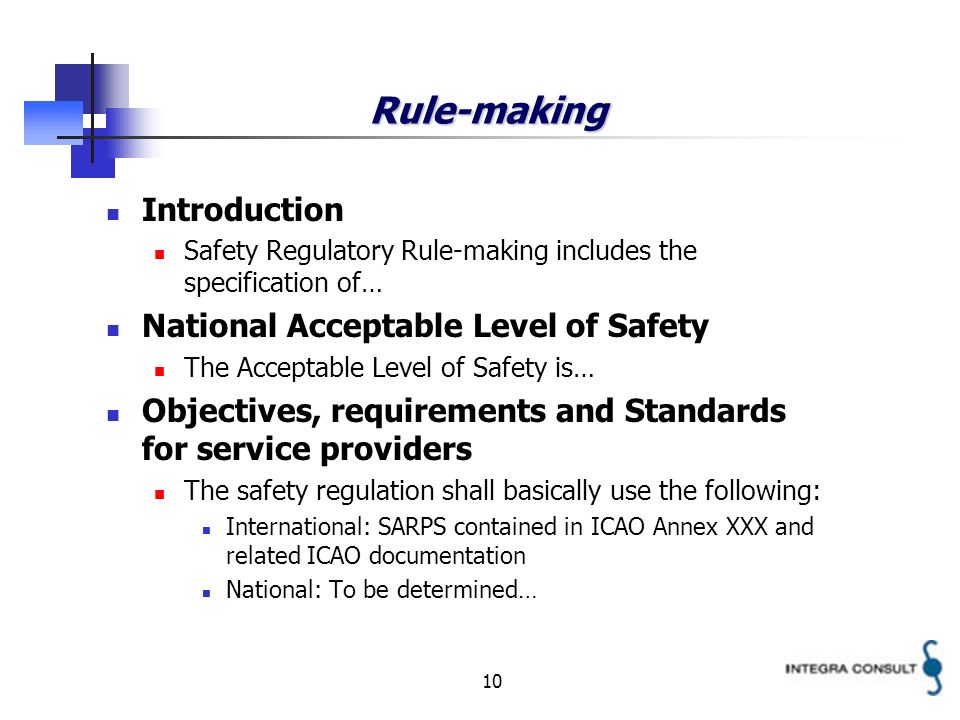 10 Rule-making Introduction Safety Regulatory Rule-making includes the specification of… National Acceptable Level of Safety The Acceptable Level of Safety is… Objectives, requirements and Standards for service providers The safety regulation shall basically use the following: International: SARPS contained in ICAO Annex XXX and related ICAO documentation National: To be determined…
