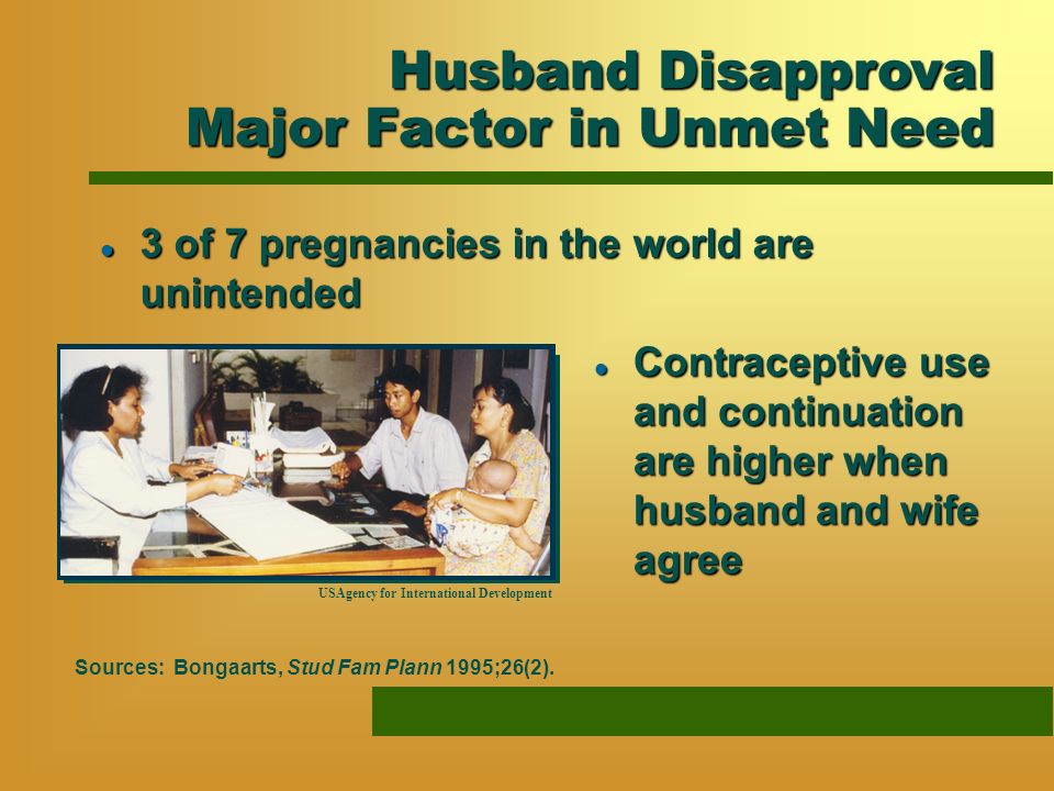Husband Disapproval Major Factor in Unmet Need Sources: Bongaarts, Stud Fam Plann 1995;26(2).