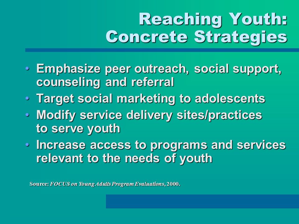 Reaching Youth: Concrete Strategies Emphasize peer outreach, social support, counseling and referralEmphasize peer outreach, social support, counseling and referral Target social marketing to adolescentsTarget social marketing to adolescents Modify service delivery sites/practices to serve youthModify service delivery sites/practices to serve youth Increase access to programs and services relevant to the needs of youthIncrease access to programs and services relevant to the needs of youth Source: FOCUS on Young Adults Program Evaluations, 2000.