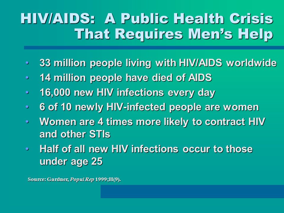 HIV/AIDS: A Public Health Crisis That Requires Mens Help 33 million people living with HIV/AIDS worldwide33 million people living with HIV/AIDS worldwide 14 million people have died of AIDS14 million people have died of AIDS 16,000 new HIV infections every day16,000 new HIV infections every day 6 of 10 newly HIV-infected people are women6 of 10 newly HIV-infected people are women Women are 4 times more likely to contract HIV and other STIsWomen are 4 times more likely to contract HIV and other STIs Half of all new HIV infections occur to those under age 25Half of all new HIV infections occur to those under age 25 Source: Gardner, Popul Rep 1999;H(9).