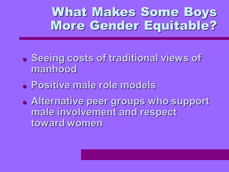 Seeing costs of traditional views of manhood Seeing costs of traditional views of manhood Positive male role models Positive male role models Alternative peer groups who support male involvement and respect toward women Alternative peer groups who support male involvement and respect toward women What Makes Some Boys More Gender Equitable