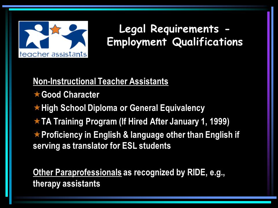 All Instructional Teacher Assistants Good Character High School Diploma or General Equivalency TA Training Program (If Hired After January 1, 1999) One of 3 following requirements 2 years higher education (48 hours) Associates Degree or higher Assessment (ParaPro is State Assessment) Legal Requirements - Employment Qualifications