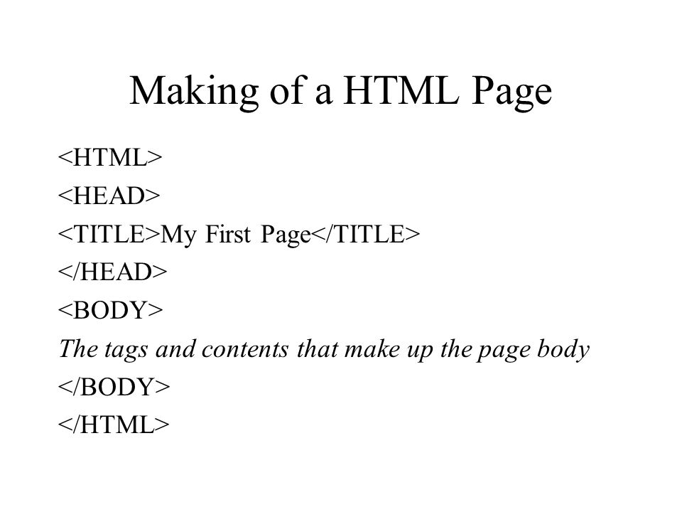 Making of a HTML Page My First Page The tags and contents that make up the page body