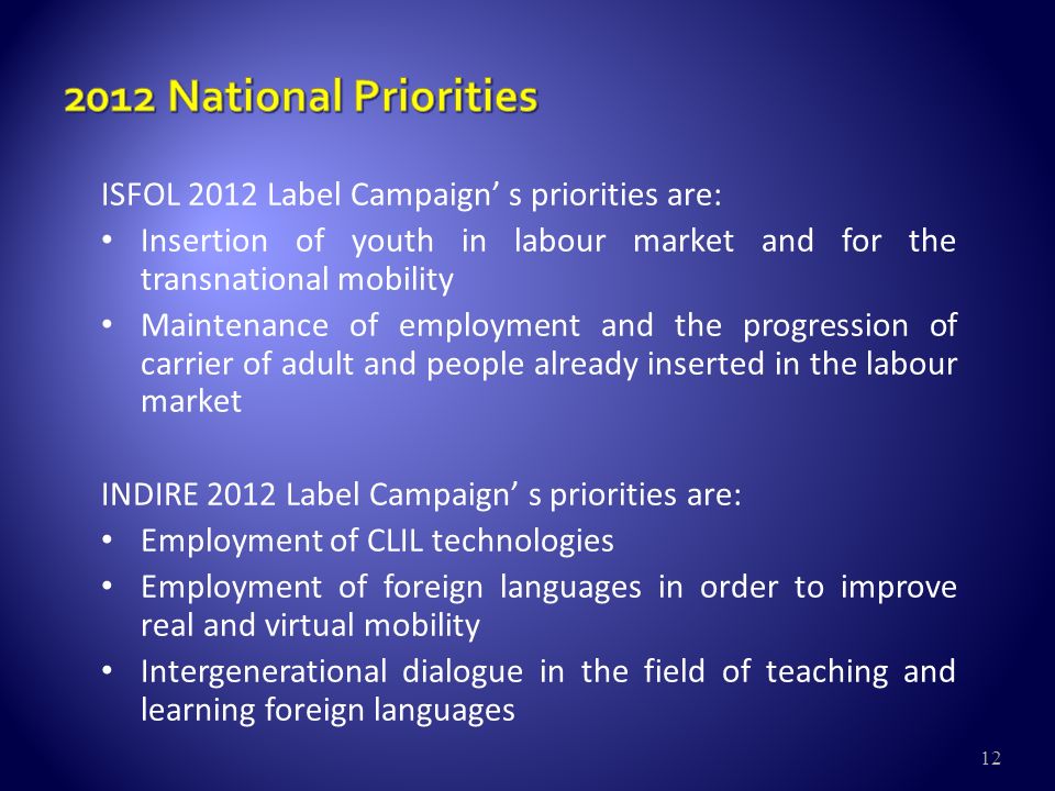 12 ISFOL 2012 Label Campaign s priorities are: Insertion of youth in labour market and for the transnational mobility Maintenance of employment and the progression of carrier of adult and people already inserted in the labour market INDIRE 2012 Label Campaign s priorities are: Employment of CLIL technologies Employment of foreign languages in order to improve real and virtual mobility Intergenerational dialogue in the field of teaching and learning foreign languages
