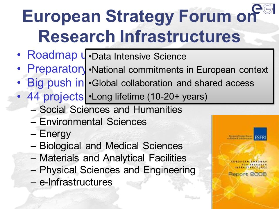 European Strategy Forum on Research Infrastructures Roadmap updated in 2008 Preparatory phase funding for most projects Big push in FP8 (2013 and beyond).