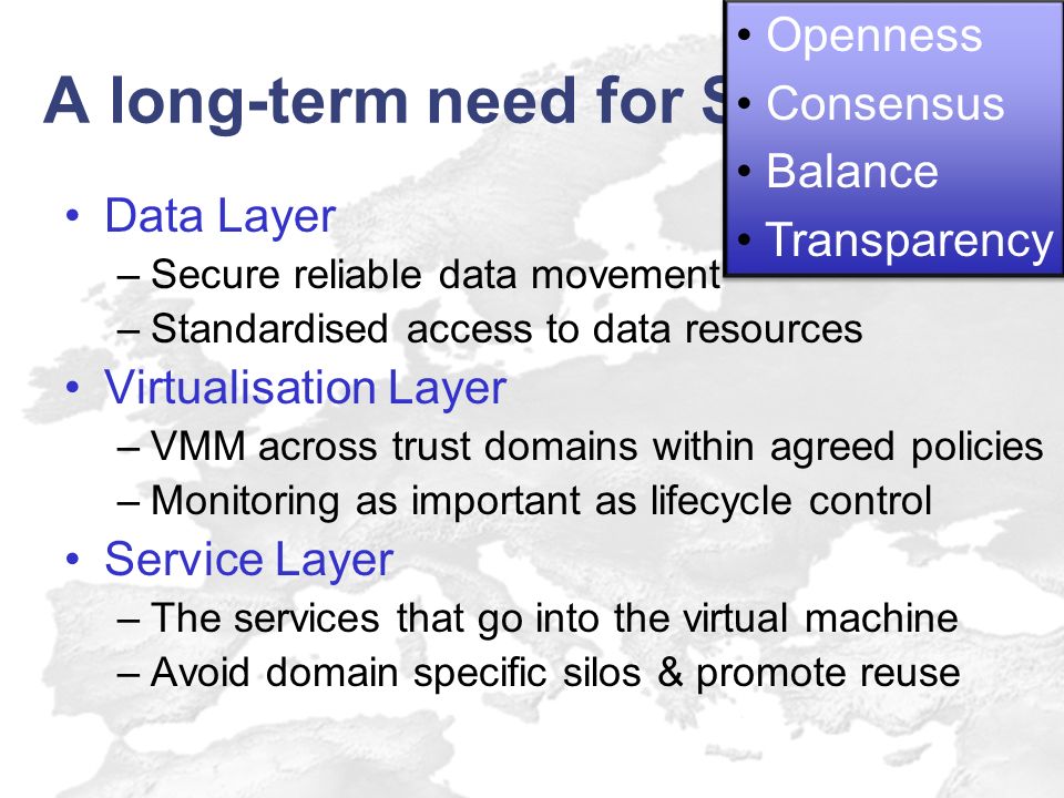 A long-term need for Standards Data Layer –Secure reliable data movement –Standardised access to data resources Virtualisation Layer –VMM across trust domains within agreed policies –Monitoring as important as lifecycle control Service Layer –The services that go into the virtual machine –Avoid domain specific silos & promote reuse Openness Consensus Balance Transparency Openness Consensus Balance Transparency