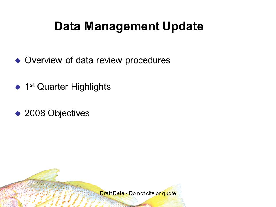 Draft Data - Do not cite or quote Data Management Update Overview of data review procedures 1 st Quarter Highlights 2008 Objectives
