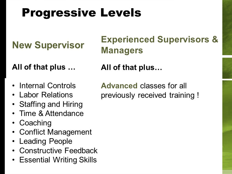 Progressive Levels Experienced Supervisors & Managers All of that plus… Advanced classes for all previously received training .