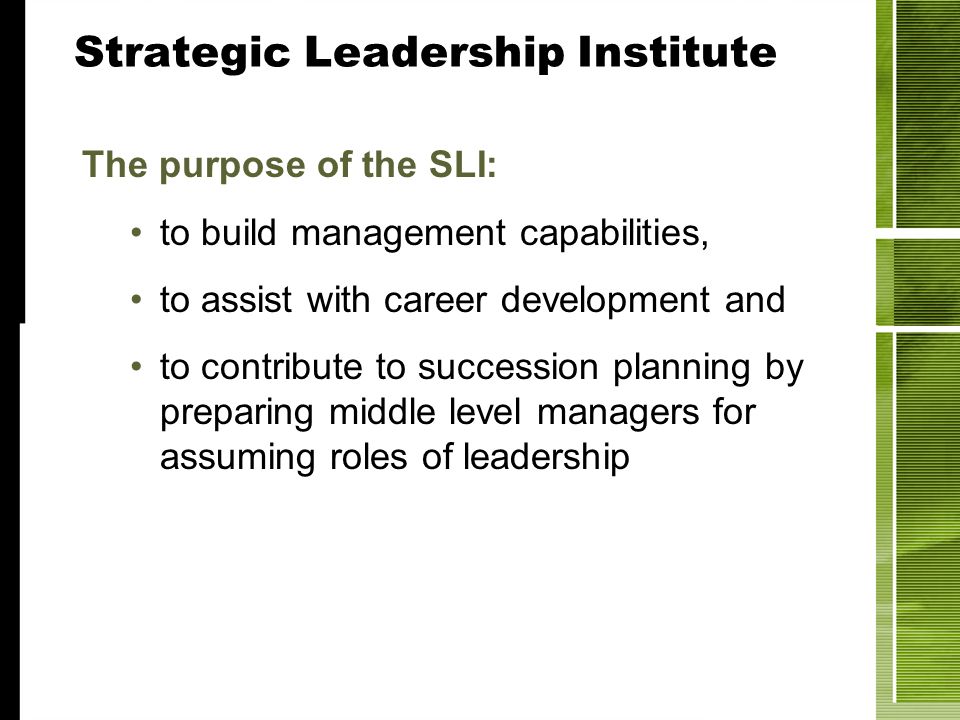 Strategic Leadership Institute The purpose of the SLI: to build management capabilities, to assist with career development and to contribute to succession planning by preparing middle level managers for assuming roles of leadership