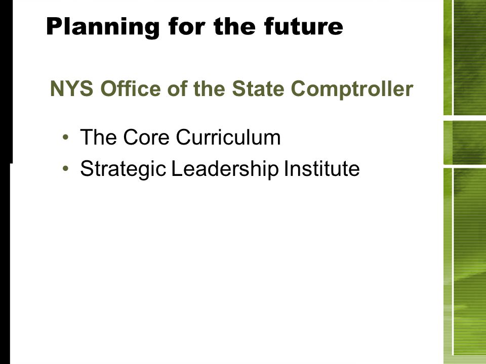 Planning for the future The Core Curriculum Strategic Leadership Institute NYS Office of the State Comptroller