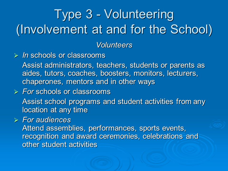 Type 3 - Volunteering (Involvement at and for the School) Volunteers In schools or classrooms In schools or classrooms Assist administrators, teachers, students or parents as aides, tutors, coaches, boosters, monitors, lecturers, chaperones, mentors and in other ways For schools or classrooms For schools or classrooms Assist school programs and student activities from any location at any time For audiences Attend assemblies, performances, sports events, recognition and award ceremonies, celebrations and other student activities For audiences Attend assemblies, performances, sports events, recognition and award ceremonies, celebrations and other student activities