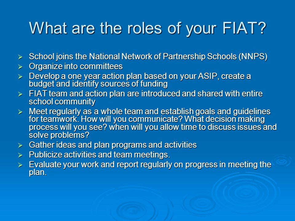 What are the roles of your FIAT.