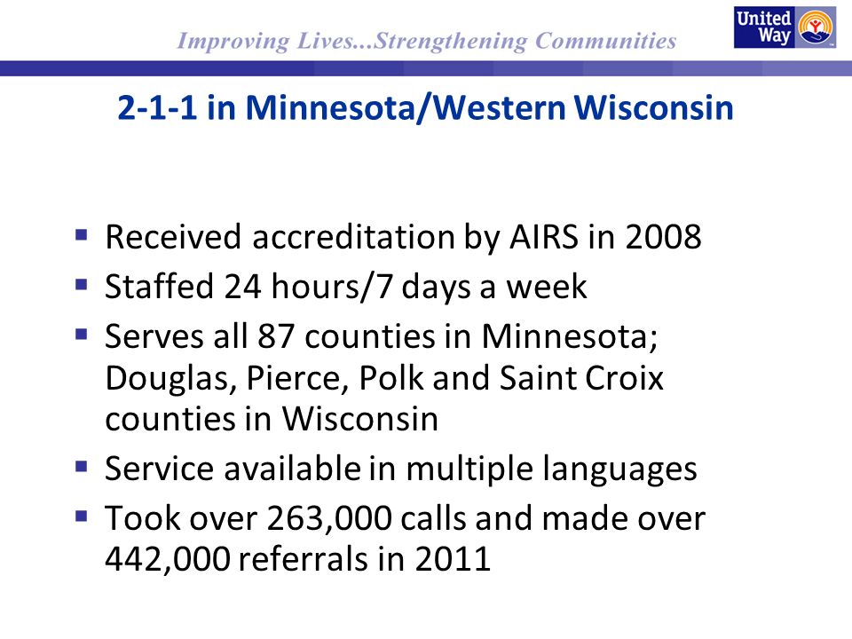 2-1-1 in Minnesota/Western Wisconsin Received accreditation by AIRS in 2008 Staffed 24 hours/7 days a week Serves all 87 counties in Minnesota; Douglas, Pierce, Polk and Saint Croix counties in Wisconsin Service available in multiple languages Took over 263,000 calls and made over 442,000 referrals in 2011
