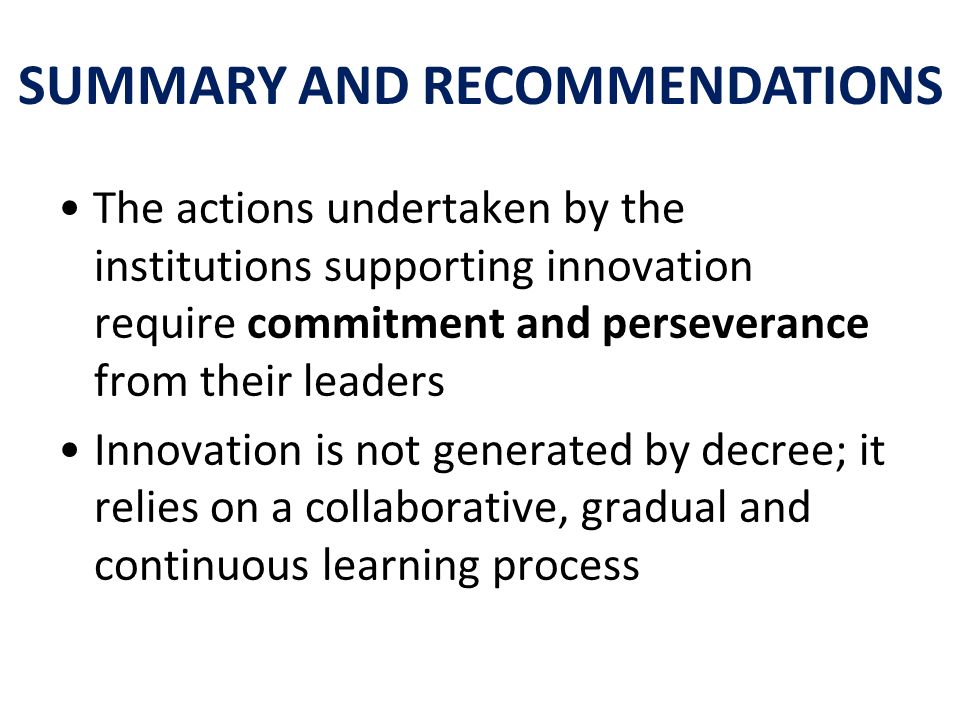 The actions undertaken by the institutions supporting innovation require commitment and perseverance from their leaders Innovation is not generated by decree; it relies on a collaborative, gradual and continuous learning process SUMMARY AND RECOMMENDATIONS