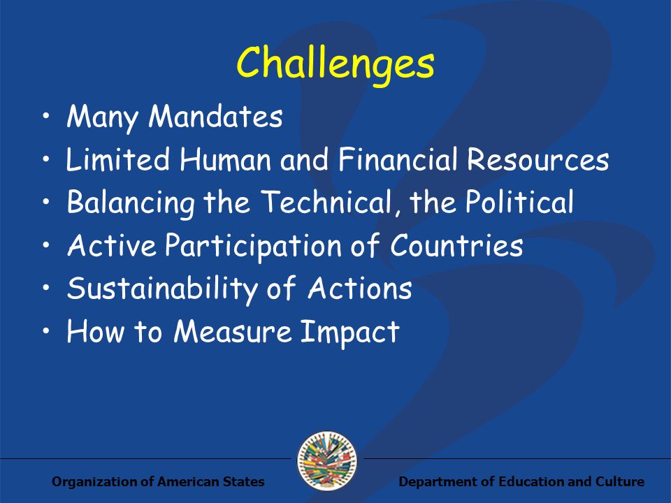 Department of Education and CultureOrganization of American States Challenges Many Mandates Limited Human and Financial Resources Balancing the Technical, the Political Active Participation of Countries Sustainability of Actions How to Measure Impact