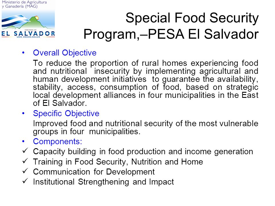 Special Food Security Program,–PESA El Salvador Overall Objective To reduce the proportion of rural homes experiencing food and nutritional insecurity by implementing agricultural and human development initiatives to guarantee the availability, stability, access, consumption of food, based on strategic local development alliances in four municipalities in the East of El Salvador.