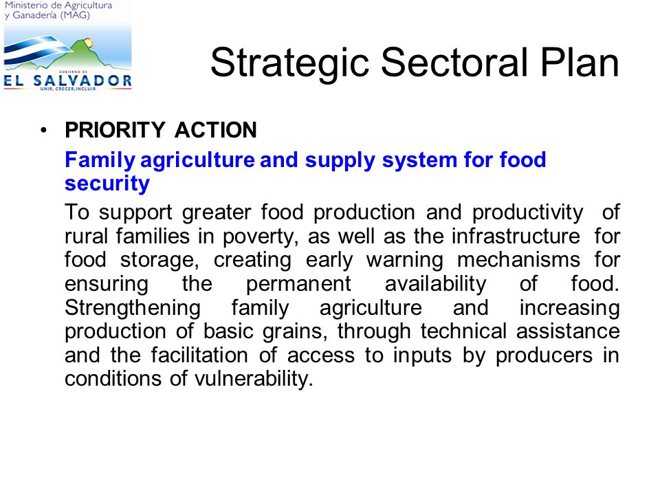 Strategic Sectoral Plan PRIORITY ACTION Family agriculture and supply system for food security To support greater food production and productivity of rural families in poverty, as well as the infrastructure for food storage, creating early warning mechanisms for ensuring the permanent availability of food.