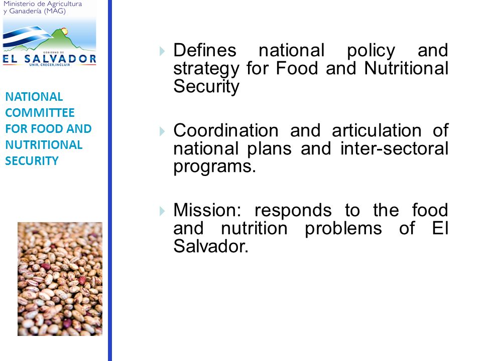 Defines national policy and strategy for Food and Nutritional Security Coordination and articulation of national plans and inter-sectoral programs.