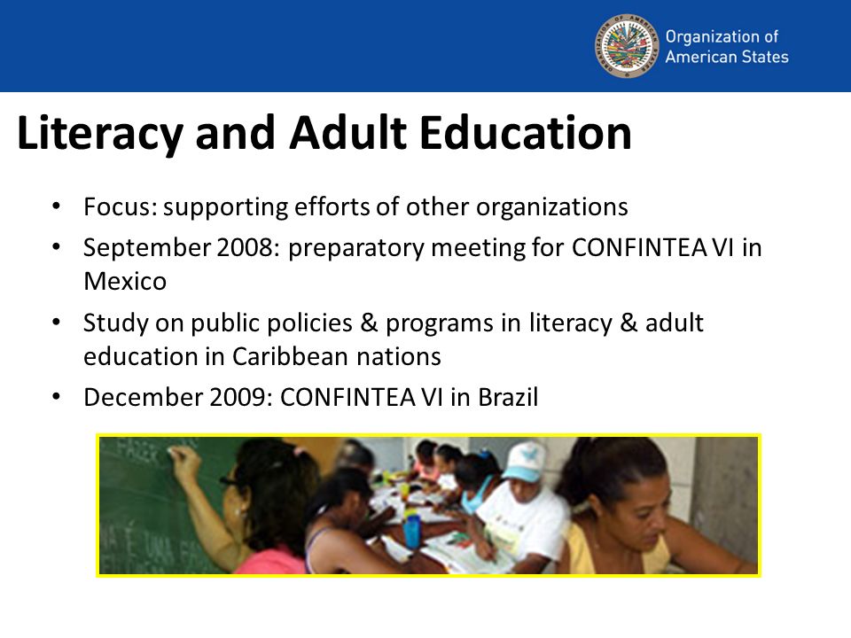 Literacy and Adult Education Focus: supporting efforts of other organizations September 2008: preparatory meeting for CONFINTEA VI in Mexico Study on public policies & programs in literacy & adult education in Caribbean nations December 2009: CONFINTEA VI in Brazil