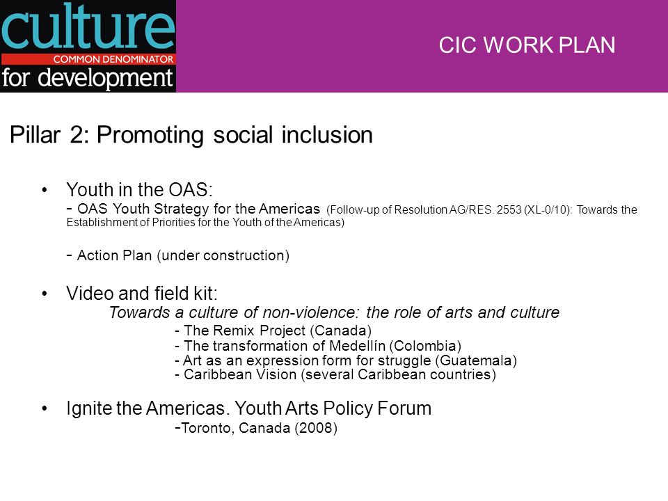 Pillar 2: Promoting social inclusion Youth in the OAS: - OAS Youth Strategy for the Americas (Follow-up of Resolution AG/RES.