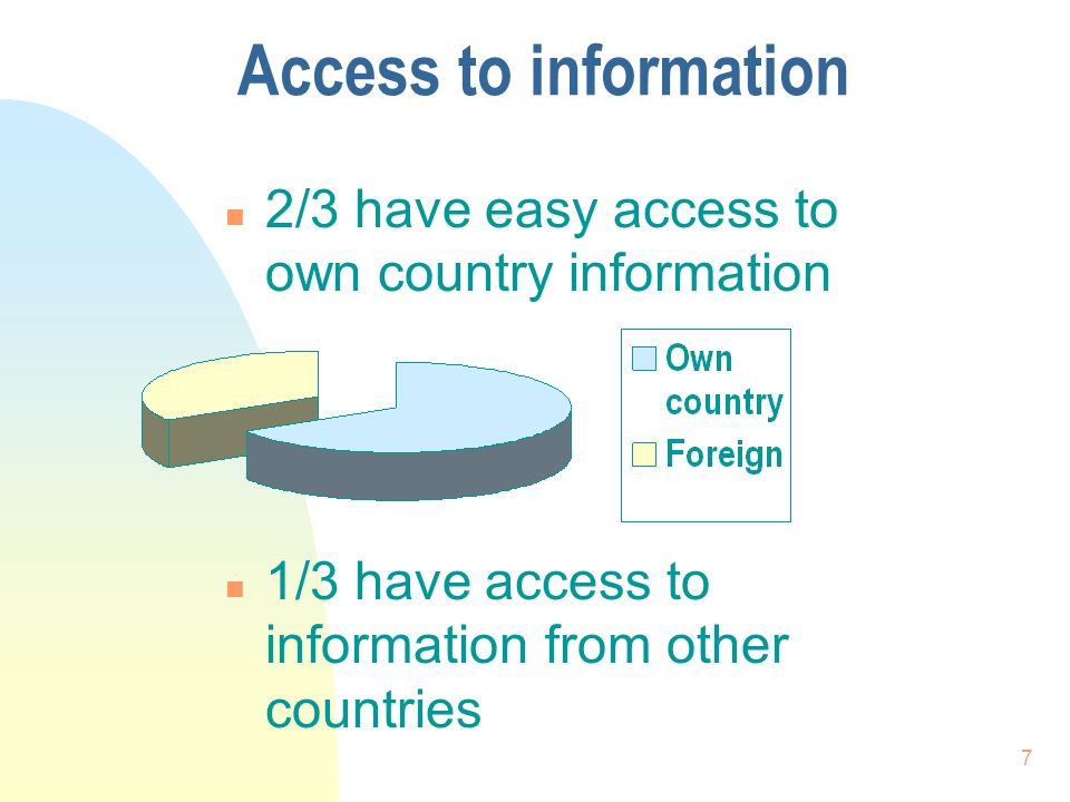 7 Access to information n 2/3 have easy access to own country information n 1/3 have access to information from other countries