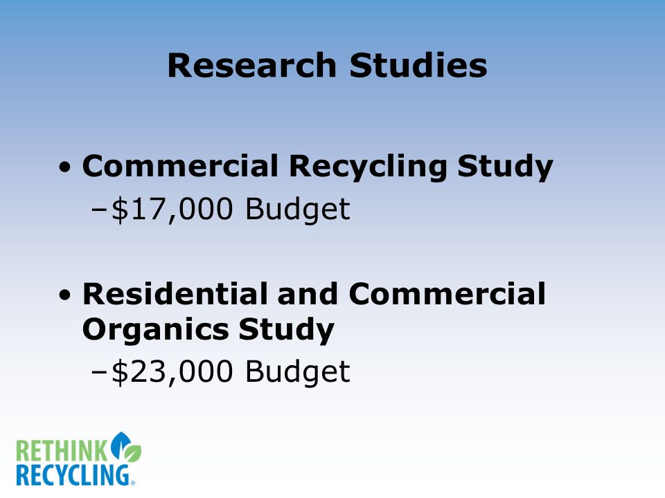 Research Studies Commercial Recycling Study –$17,000 Budget Residential and Commercial Organics Study –$23,000 Budget