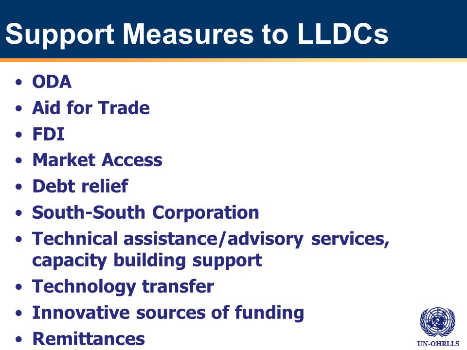 UN-OHRLLS Support Measures to LLDCs ODA Aid for Trade FDI Market Access Debt relief South-South Corporation Technical assistance/advisory services, capacity building support Technology transfer Innovative sources of funding Remittances