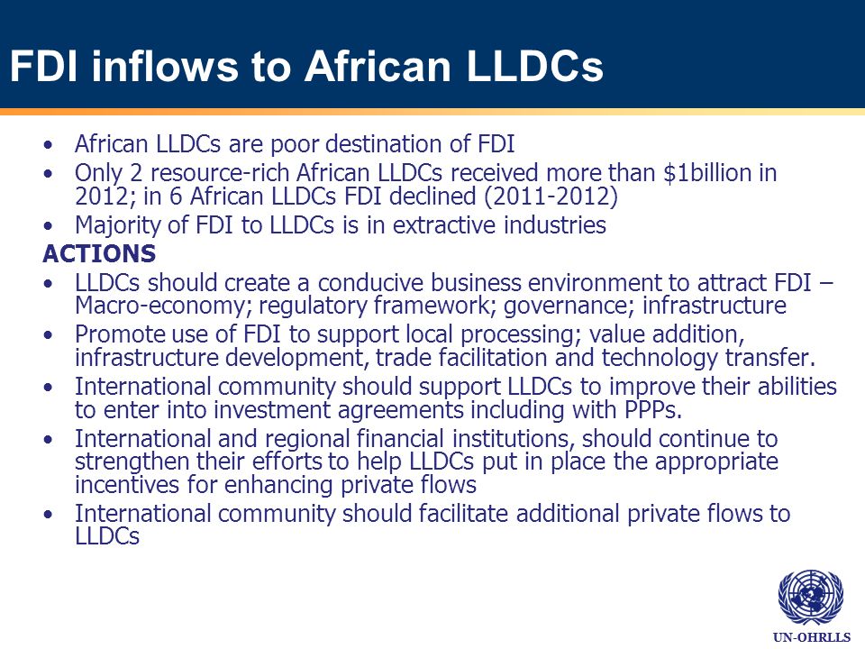 UN-OHRLLS African LLDCs are poor destination of FDI Only 2 resource-rich African LLDCs received more than $1billion in 2012; in 6 African LLDCs FDI declined ( ) Majority of FDI to LLDCs is in extractive industries ACTIONS LLDCs should create a conducive business environment to attract FDI – Macro-economy; regulatory framework; governance; infrastructure Promote use of FDI to support local processing; value addition, infrastructure development, trade facilitation and technology transfer.