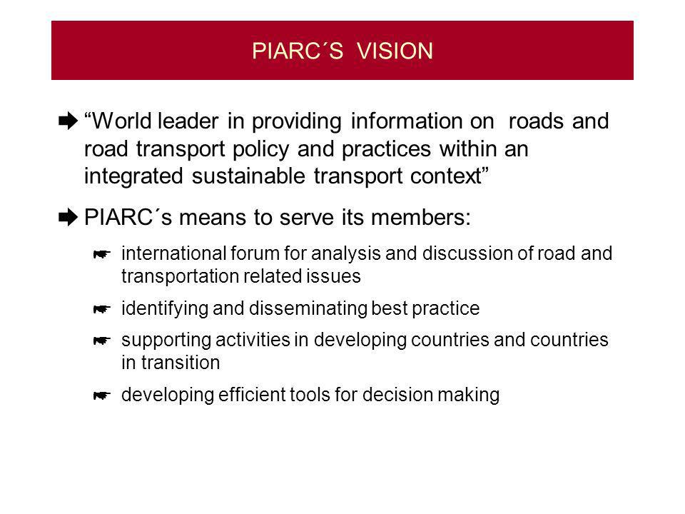 PIARC´S VISION World leader in providing information on roads and road transport policy and practices within an integrated sustainable transport context PIARC´s means to serve its members: international forum for analysis and discussion of road and transportation related issues identifying and disseminating best practice supporting activities in developing countries and countries in transition developing efficient tools for decision making