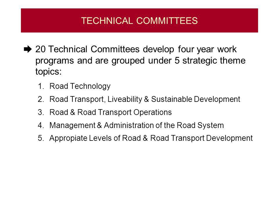 TECHNICAL COMMITTEES 20 Technical Committees develop four year work programs and are grouped under 5 strategic theme topics: 1.Road Technology 2.Road Transport, Liveability & Sustainable Development 3.Road & Road Transport Operations 4.Management & Administration of the Road System 5.Appropiate Levels of Road & Road Transport Development