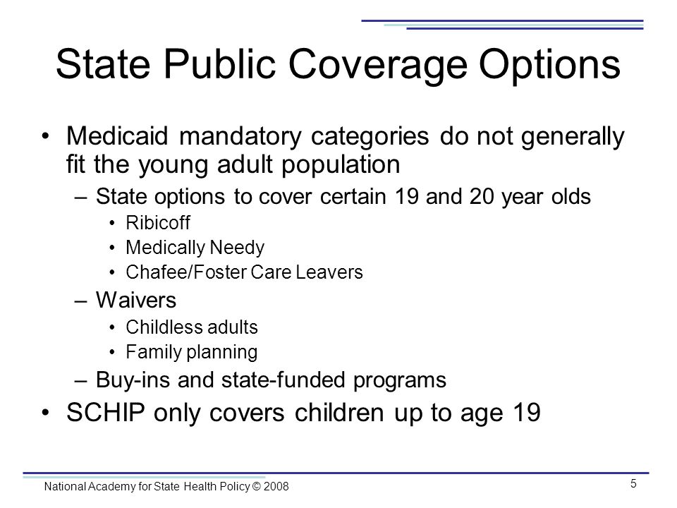 National Academy for State Health Policy © State Public Coverage Options Medicaid mandatory categories do not generally fit the young adult population –State options to cover certain 19 and 20 year olds Ribicoff Medically Needy Chafee/Foster Care Leavers –Waivers Childless adults Family planning –Buy-ins and state-funded programs SCHIP only covers children up to age 19