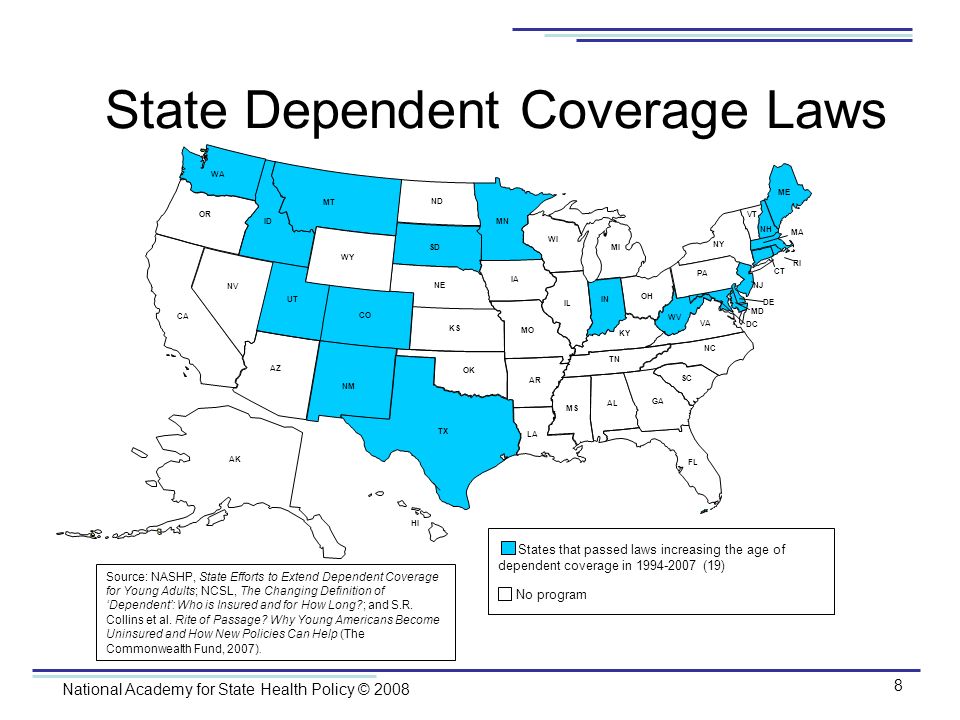 National Academy for State Health Policy © State Dependent Coverage Laws Source: NASHP, State Efforts to Extend Dependent Coverage for Young Adults; NCSL, The Changing Definition of Dependent: Who is Insured and for How Long ; and S.R.