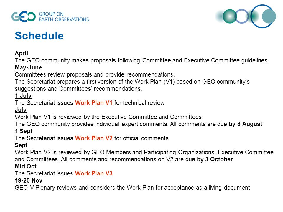 Schedule April The GEO community makes proposals following Committee and Executive Committee guidelines.