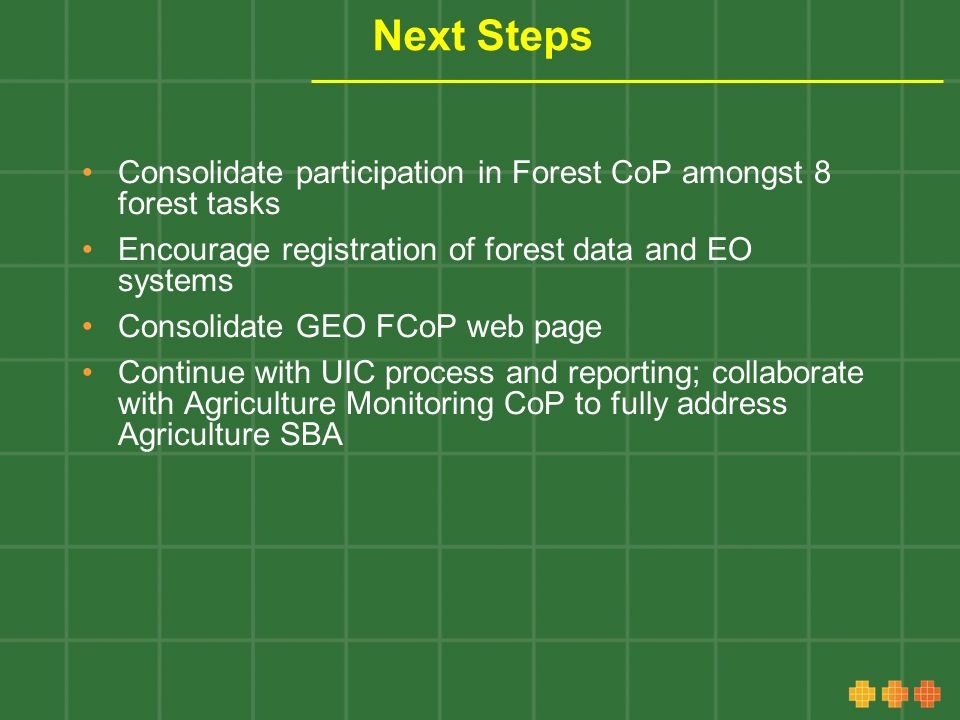 Next Steps Consolidate participation in Forest CoP amongst 8 forest tasks Encourage registration of forest data and EO systems Consolidate GEO FCoP web page Continue with UIC process and reporting; collaborate with Agriculture Monitoring CoP to fully address Agriculture SBA