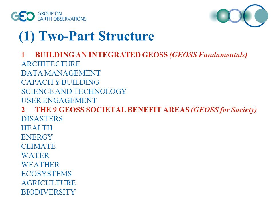 (1) Two-Part Structure 1BUILDING AN INTEGRATED GEOSS (GEOSS Fundamentals) ARCHITECTURE DATA MANAGEMENT CAPACITY BUILDING SCIENCE AND TECHNOLOGY USER ENGAGEMENT 2THE 9 GEOSS SOCIETAL BENEFIT AREAS (GEOSS for Society) DISASTERS HEALTH ENERGY CLIMATE WATER WEATHER ECOSYSTEMS AGRICULTURE BIODIVERSITY