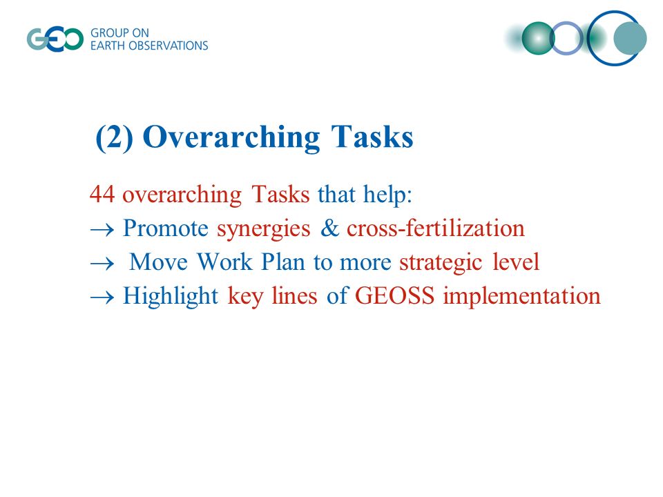 (2) Overarching Tasks 44 overarching Tasks that help: Promote synergies & cross-fertilization Move Work Plan to more strategic level Highlight key lines of GEOSS implementation