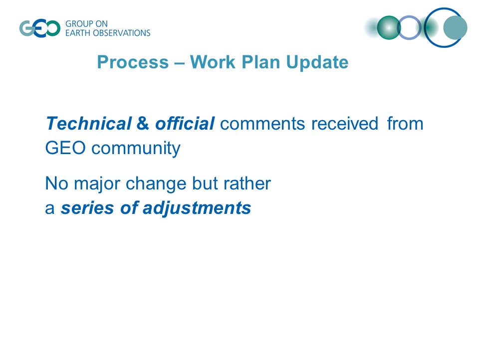 Technical & official comments received from GEO community No major change but rather a series of adjustments Process – Work Plan Update