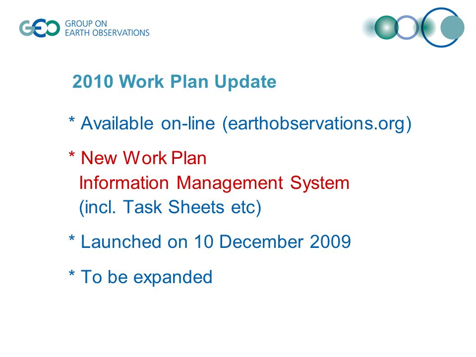 * Available on-line (earthobservations.org) * New Work Plan Information Management System (incl.