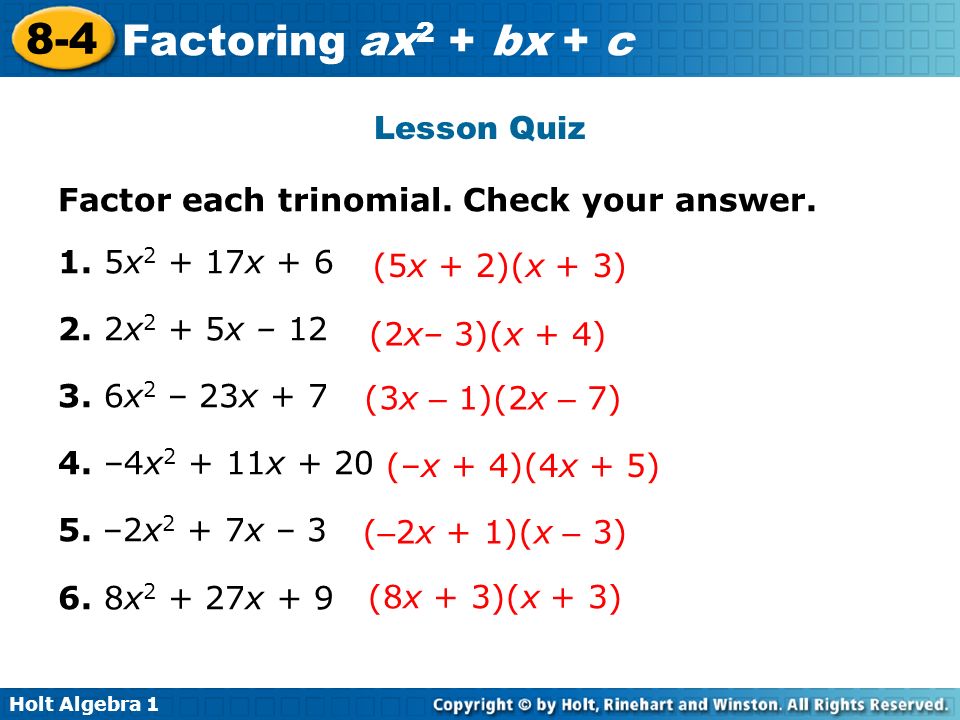 Printables Factoring Ax2 Bx C Worksheet Answers holt algebra factoring ax 2 bx c 8 4 1 lesson quiz factor