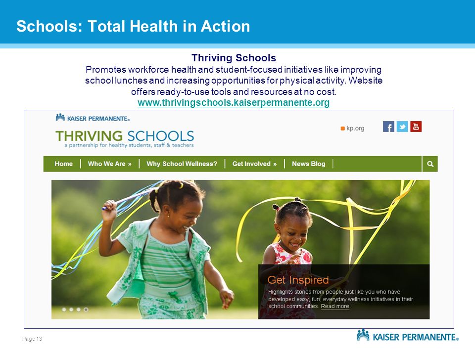 Page 13 Schools: Total Health in Action Thriving Schools Promotes workforce health and student-focused initiatives like improving school lunches and increasing opportunities for physical activity.
