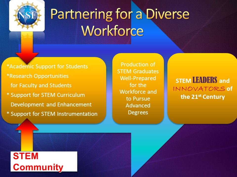 *Academic Support for Students *Research Opportunities for Faculty and Students * Support for STEM Curriculum Development and Enhancement * Support for STEM Instrumentation Production of STEM Graduates Well-Prepared for the Workforce and to Pursue Advanced Degrees STEM LEADERS and INNOVATORS of the 21 st Century STEM Community