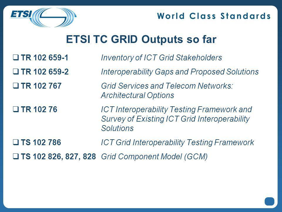 ETSI TC GRID Outputs so far TR Inventory of ICT Grid Stakeholders TR Interoperability Gaps and Proposed Solutions TR Grid Services and Telecom Networks: Architectural Options TR ICT Interoperability Testing Framework and Survey of Existing ICT Grid Interoperability Solutions TS ICT Grid Interoperability Testing Framework TS , 827, 828Grid Component Model (GCM)
