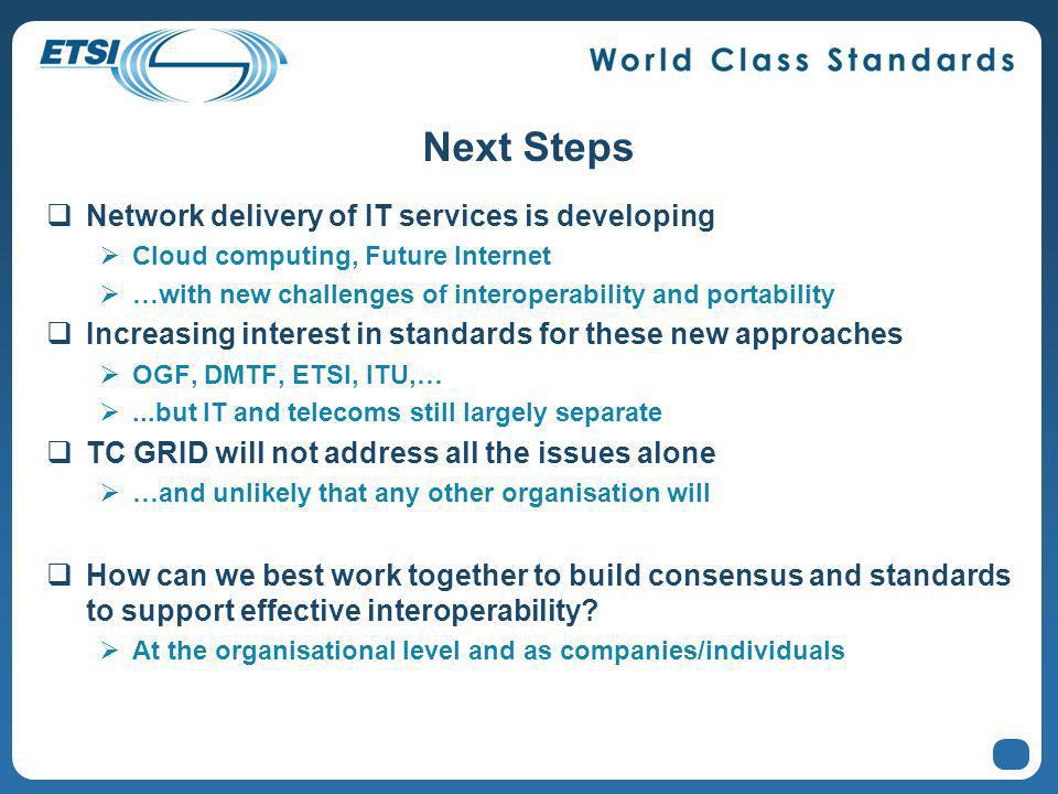Next Steps Network delivery of IT services is developing Cloud computing, Future Internet …with new challenges of interoperability and portability Increasing interest in standards for these new approaches OGF, DMTF, ETSI, ITU,…...but IT and telecoms still largely separate TC GRID will not address all the issues alone …and unlikely that any other organisation will How can we best work together to build consensus and standards to support effective interoperability.