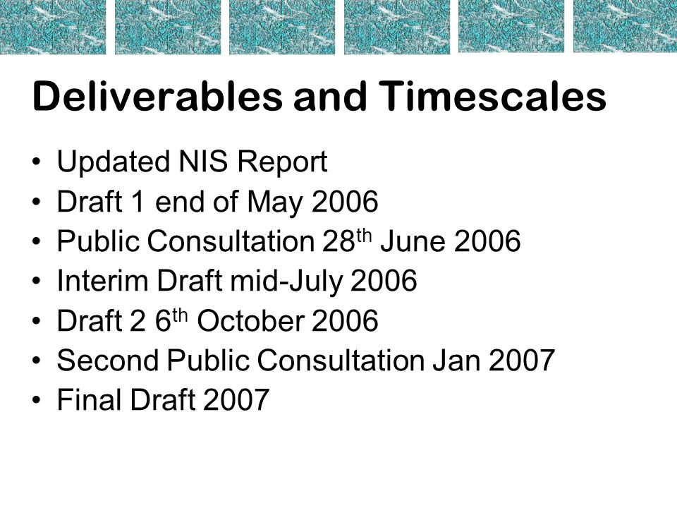 Deliverables and Timescales Updated NIS Report Draft 1 end of May 2006 Public Consultation 28 th June 2006 Interim Draft mid-July 2006 Draft 2 6 th October 2006 Second Public Consultation Jan 2007 Final Draft 2007