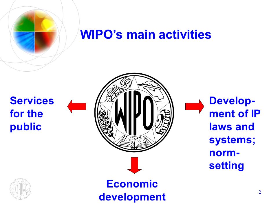 2 WIPOs main activities Develop- ment of IP laws and systems; norm- setting Services for the public Economic development