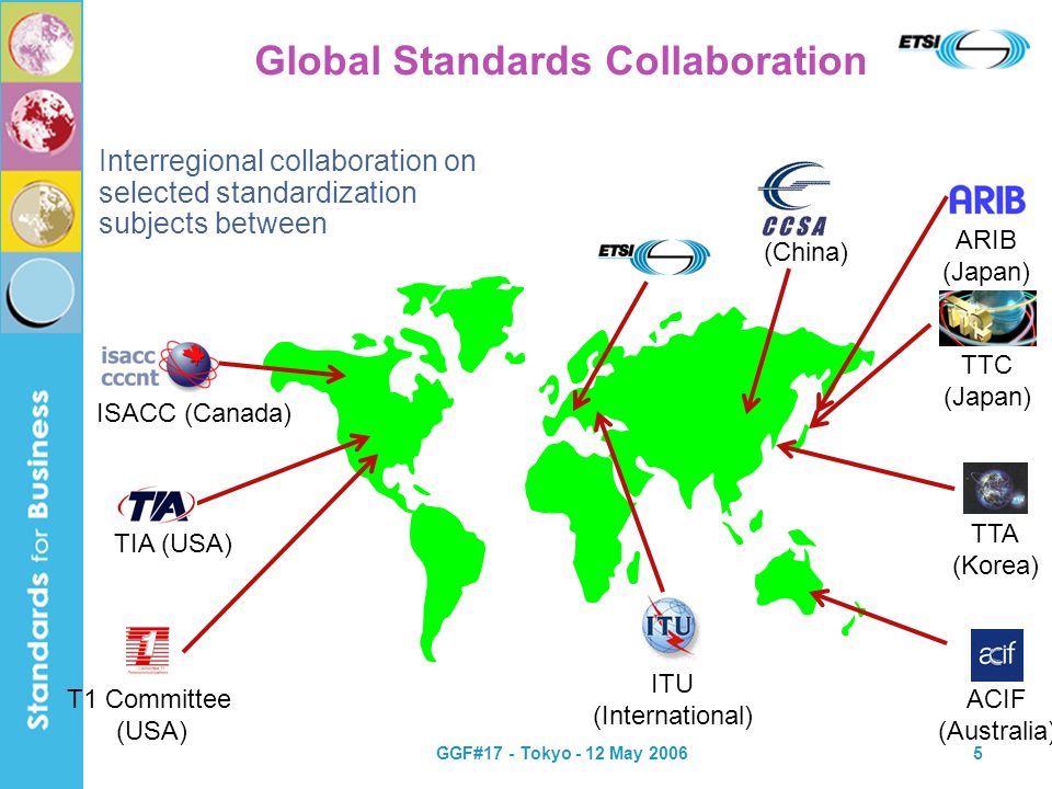 GGF#17 - Tokyo - 12 May Global Standards Collaboration Interregional collaboration on selected standardization subjects between ISACC (Canada) T1 Committee (USA) TIA (USA) ITU (International) TTC (Japan) TTA (Korea) ACIF (Australia) ARIB (Japan) (China)