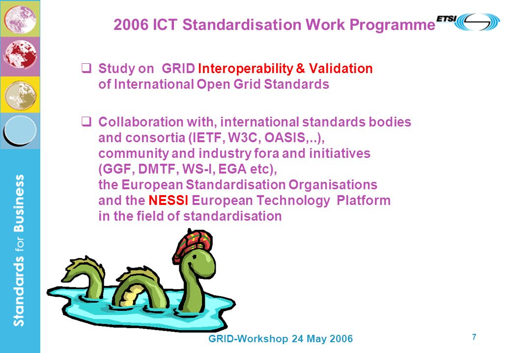 GRID-Workshop 24 May ICT Standardisation Work Programme Study on GRID Interoperability & Validation of International Open Grid Standards Collaboration with, international standards bodies and consortia (IETF, W3C, OASIS,..), community and industry fora and initiatives (GGF, DMTF, WS-I, EGA etc), the European Standardisation Organisations and the NESSI European Technology Platform in the field of standardisation