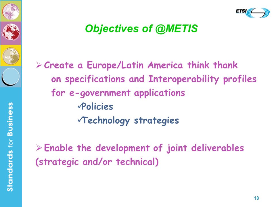 18 Objectives Create a Europe/Latin America think thank on specifications and Interoperability profiles for e-government applications Policies Technology strategies Enable the development of joint deliverables (strategic and/or technical)