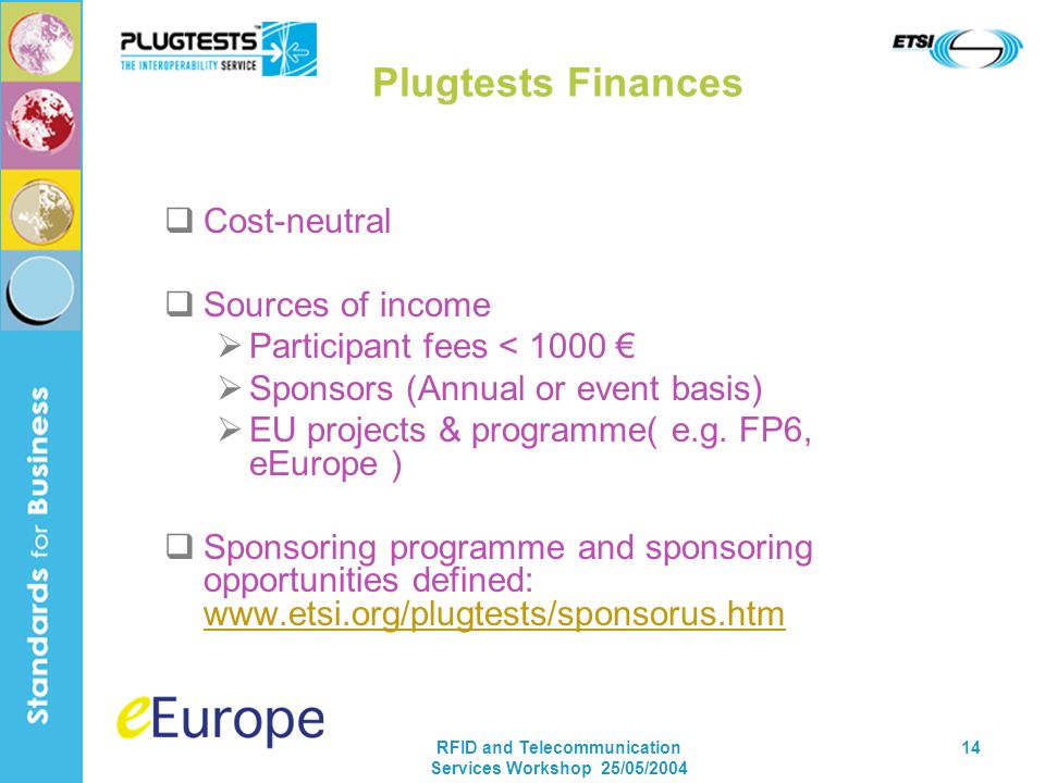 RFID and Telecommunication Services Workshop 25/05/ Plugtests Finances Cost-neutral Sources of income Participant fees < 1000 Sponsors (Annual or event basis) EU projects & programme( e.g.